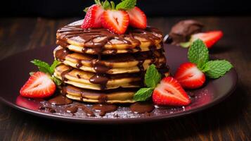 AI generated Delicious Pancake Stack Topped with Chocolate and Strawberries photo