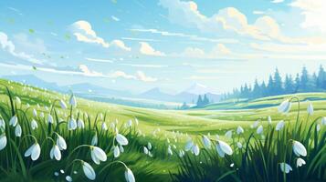 AI generated Sunrise Over Meadow Blooming with White Flowers photo