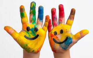 AI generated Child Painted Hands with Smiley Faces photo