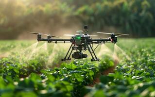 AI generated Drone Spraying Crops at Sunrise photo