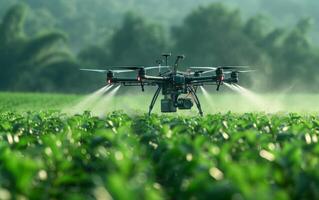 AI generated Drone Spraying Crops at Sunrise photo