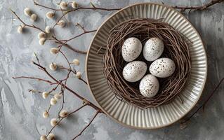 AI generated Speckled Eggs in Nest Still Life photo