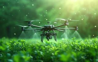 AI generated Drone Spraying Crops at Sunrise photo