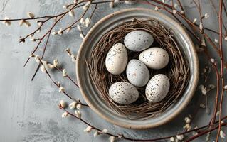 AI generated Speckled Eggs in Nest Still Life photo