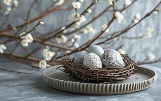 AI generated Speckled Eggs in Nest Still Life photo