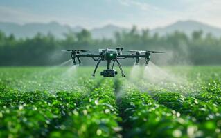 AI generated Drone Spraying Crops at Sunrise photo