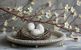 AI generated Speckled Eggs in Nest Still Life photo