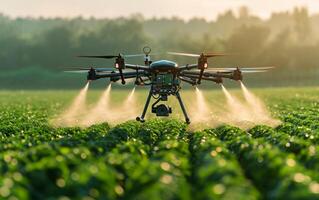 AI generated Drone Spraying Crops at Sunrise photo