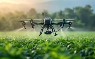 AI generated Drone Spraying Crops at Sunrise photo