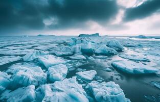 ai generado icebergs superposición en un congelado paisaje, derritiendo glaciares y icebergs imagen foto