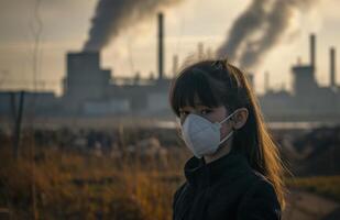 AI generated Girl wearing mask stands near factory with smoke in environmental awareness scene, air pollution and smog picture photo