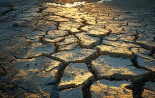 ai generado seco lecho del lago rodeado por agua, agua escasez y el secado ríos foto