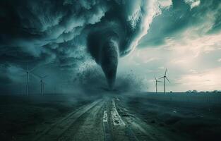 AI generated Tornado swirling in the sky with turbines, extreme weather events concept photo