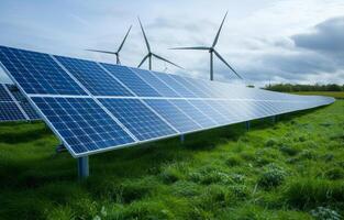ai generado solar paneles y viento turbinas en verde campos generar energía para un sostenible futuro, renovable energía innovaciones foto