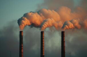 ai generado Tres vapor tubo chimeneas emitiendo aire dentro el cielo, contaminación y industrial impacto concepto foto