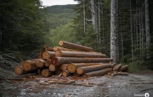 AI generated Group of logs stacked in the forest, deforestation and logging image photo