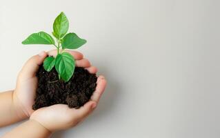 ai generado un joven niño mano vibrante verde planta con suelo, niños plantando arboles imagen foto