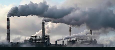 AI generated An industrial factory with steam chimneys smoke into the sky, pollution and industrial impact concept photo