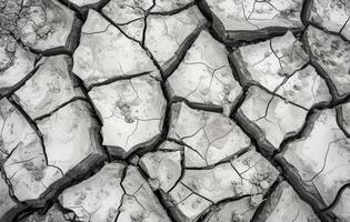 ai generado negro y blanco agrietado seco tierra, agua escasez y el secado ríos foto