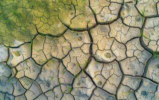 AI generated Dry cracked land and green grass seen from an aerial view, water scarcity and drying rivers image photo