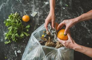 ai generado manos poniendo basura en un bolso acuerdo el ambiente limpio, compostaje y residuos reducción imagen foto