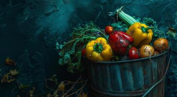 AI generated Discarded vegetables in a trash can, composting and waste reduction photo