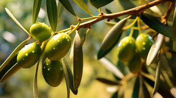 AI generated Green Olives Hanging on a Sunny Branch photo