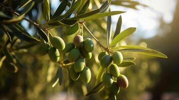 AI generated Green Olives Hanging on a Sunny Branch photo