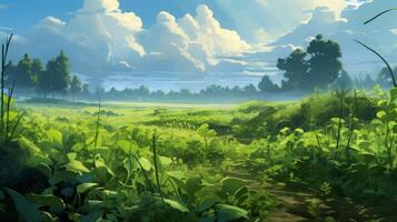 AI generated Green Fields Under Blue Sky Landscape photo