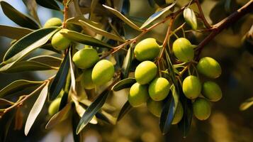 AI generated Green Olives Hanging on a Sunny Branch photo