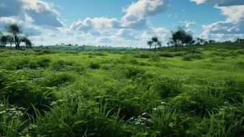 AI generated Green Fields Under Blue Sky Landscape photo