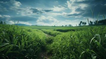 AI generated Green Fields Under Blue Sky Landscape photo