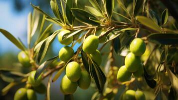 ai generado verde aceitunas colgando en un soleado rama foto