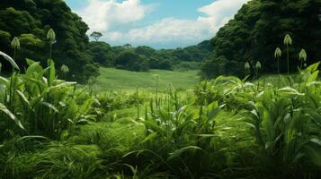 AI generated Green Fields Under Blue Sky Landscape photo