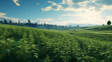 AI generated Green Fields Under Blue Sky Landscape photo