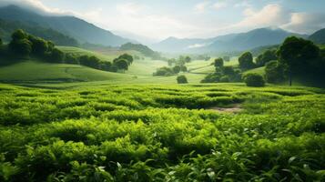 AI generated Green Fields Under Blue Sky Landscape photo