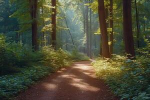 ai generado iluminado por el sol bosque ruta foto