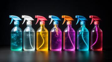 AI generated Colorful Cleaning Spray Bottles on Black Background photo