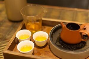 Make Chinese tea with Clay pot serve on wood tray on bamboo table photo