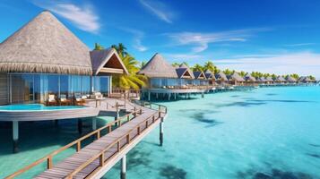 AI generated Tropical Paradise, Overwater Bungalows Amidst Palm Trees, Resort photo