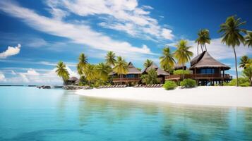 AI generated Tropical Paradise, Overwater Bungalows Amidst Palm Trees, Resort photo