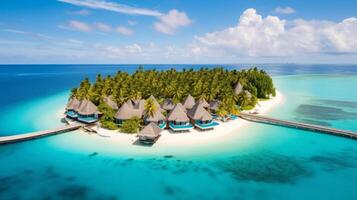 AI generated Tropical Paradise, Overwater Bungalows Amidst Palm Trees, Resort photo