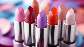 AI generated Colorful Lipsticks in Vibrant Background photo