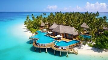 AI generated Tropical Paradise, Overwater Bungalows Amidst Palm Trees, Resort photo