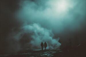 AI generated Men walking in foggy mountains. Couple walking in the fog. photo