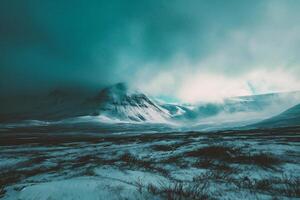 AI generated Mountain landscape in Iceland. Dramatic sky. photo