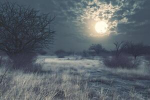 ai generado puesta de sol en el campo con niebla y arboles foto