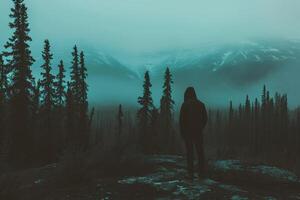 AI generated man hiker on the top of the mountain in a foggy day photo