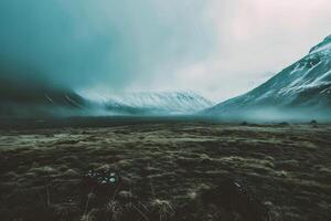 AI generated Icelandic landscape with snow capped mountains in the background photo