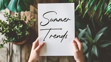 AI generated partial view of woman holding white sheet of paper with summer trends photo